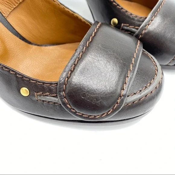 Chloe Brown Leather Round Toe Pumps Heels - Picture 6 of 14